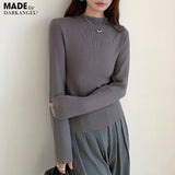 リブ ニット トップス 秋 レディース オフネック モックネック 長袖 セーター 伸縮性 きれいめ 細見え 無地 洗える シンプル きれいめ インナー 通勤 通学 オフィス カジュアル 秋冬