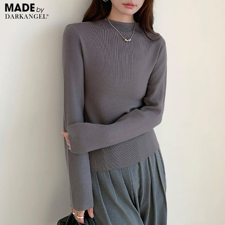 リブ ニット トップス 秋 レディース オフネック モックネック 長袖 セーター 伸縮性 きれいめ 細見え 無地 洗える シンプル きれいめ インナー 通勤 通学 オフィス カジュアル 秋冬