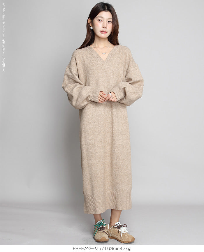 05color Vネックニットルーズワンピース