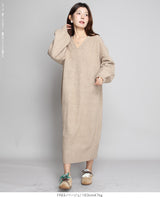 05color Vネックニットルーズワンピース