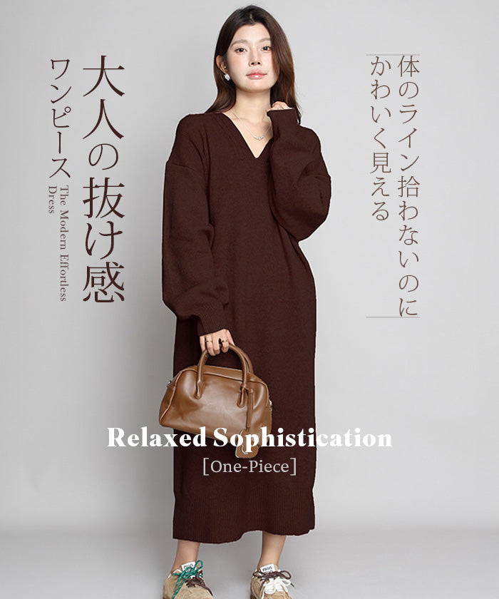 05color Vネックニットルーズワンピース