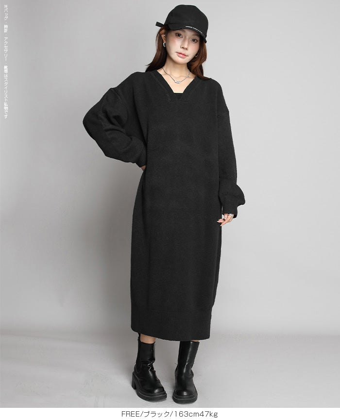 05color Vネックニットルーズワンピース