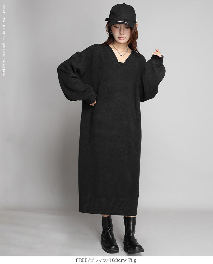 05color Vネックニットルーズワンピース