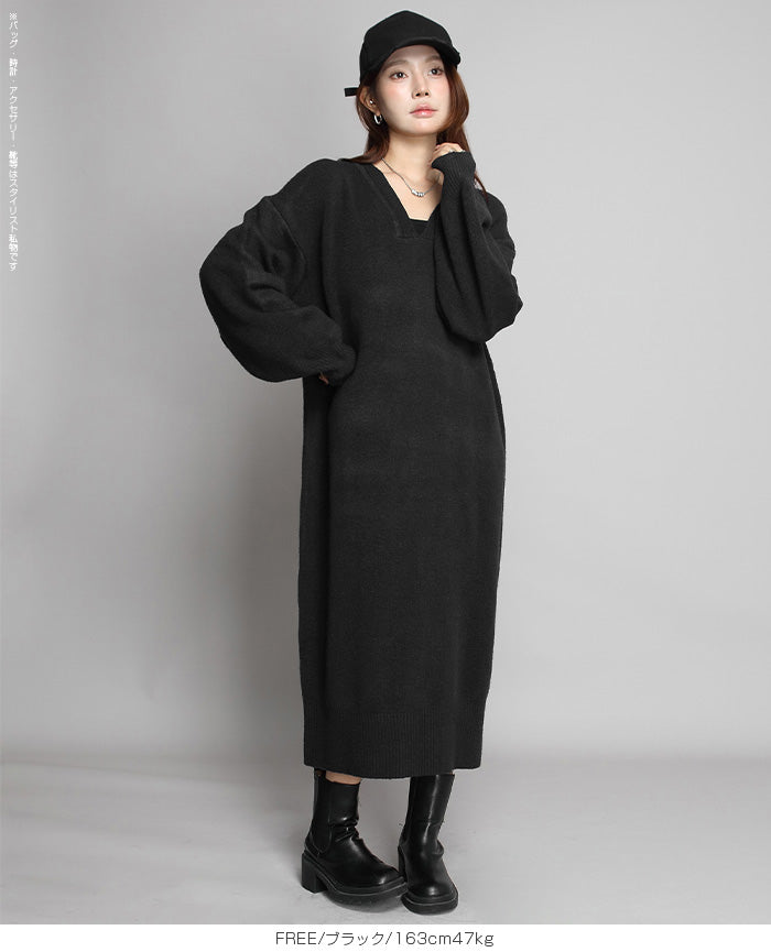 05color Vネックニットルーズワンピース