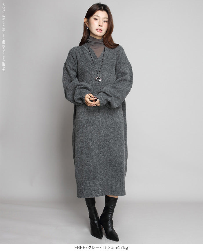 05color Vネックニットルーズワンピース