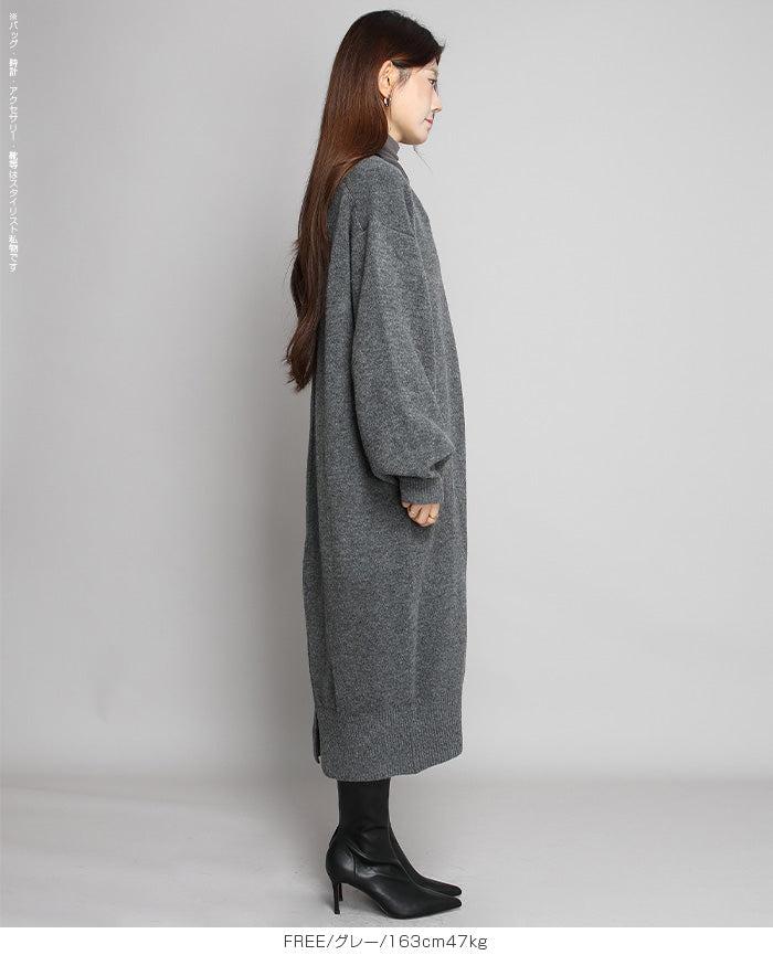 05color Vネックニットルーズワンピース