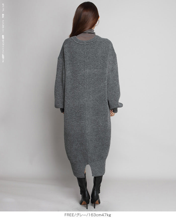 05color Vネックニットルーズワンピース