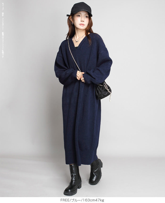 05color Vネックニットルーズワンピース