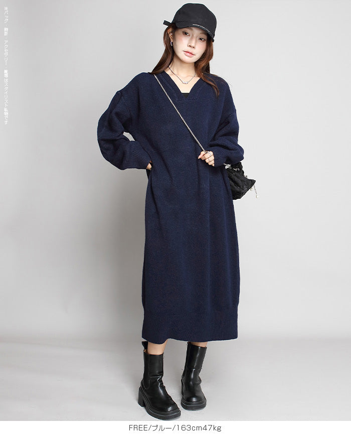 05color Vネックニットルーズワンピース