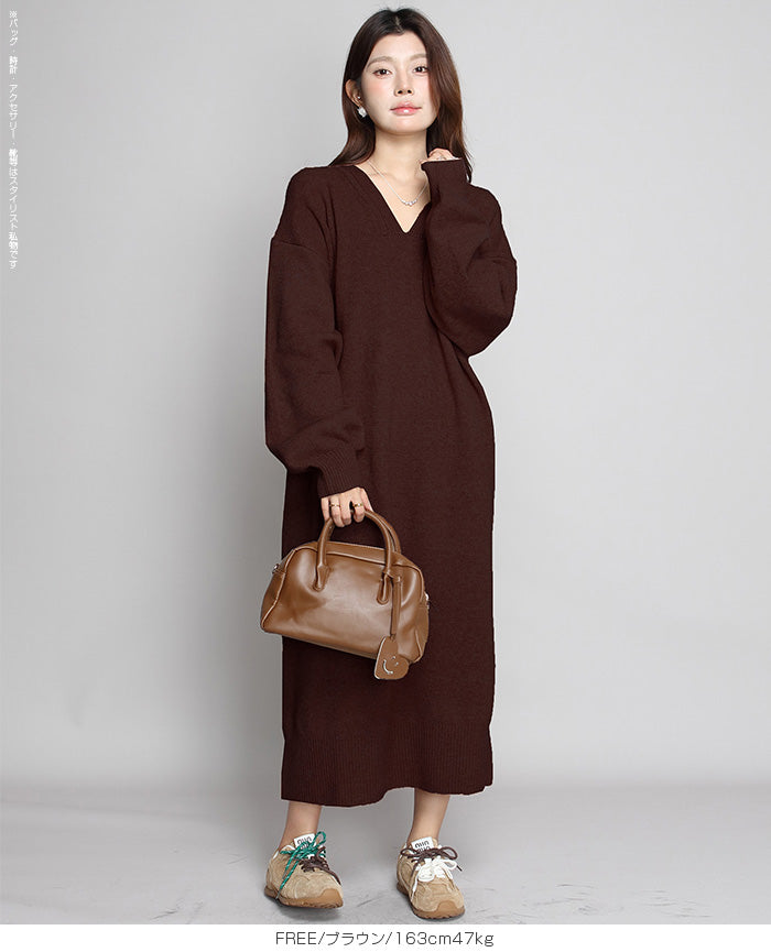 05color Vネックニットルーズワンピース
