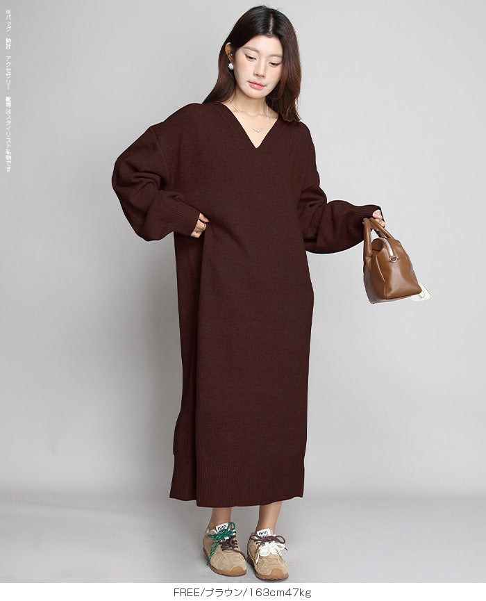 05color Vネックニットルーズワンピース