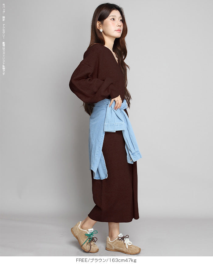 05color Vネックニットルーズワンピース