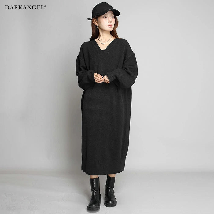 05color Vネックニットルーズワンピース