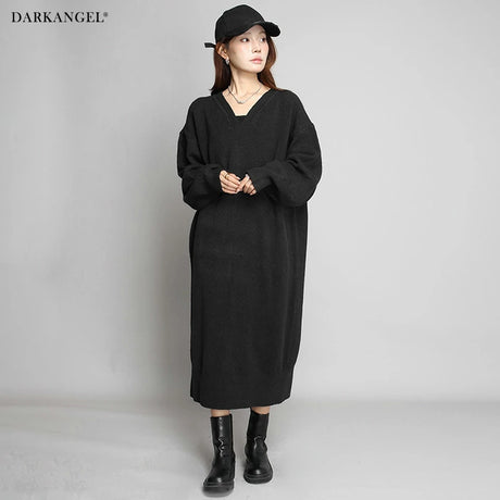 05color Vネックニットルーズワンピース