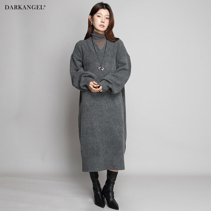 05color Vネックニットルーズワンピース