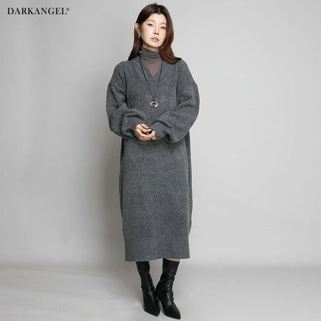 05color Vネックニットルーズワンピース