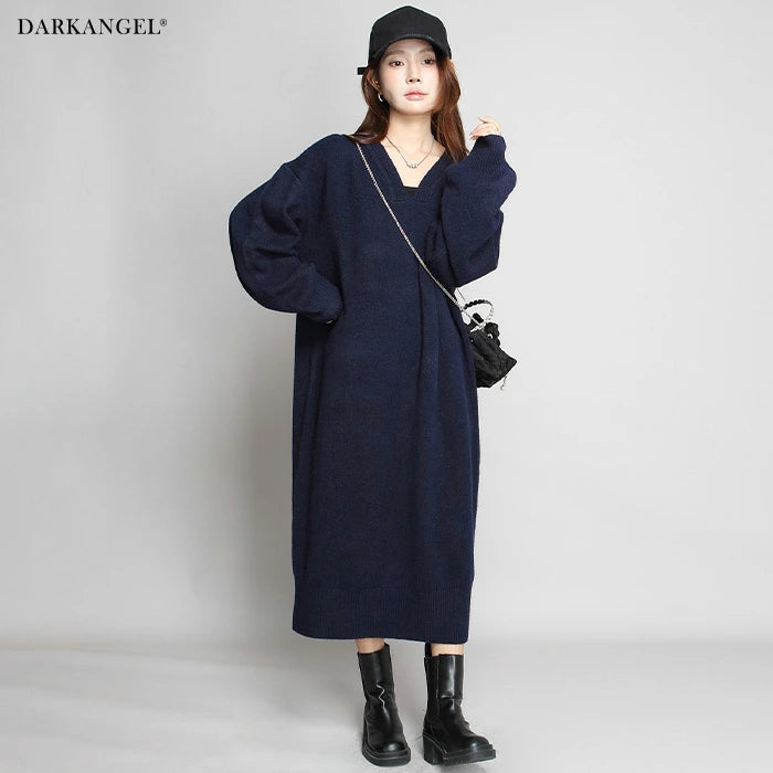 05color Vネックニットルーズワンピース