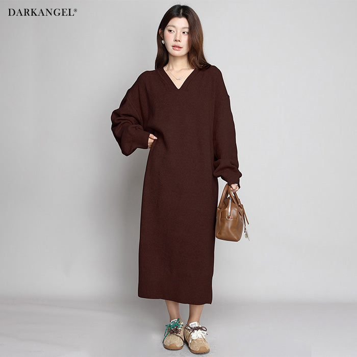 05color Vネックニットルーズワンピース