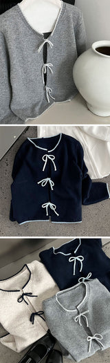 リボンタイ付き配色ニットカーディガン