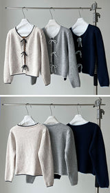 リボンタイ付き配色ニットカーディガン