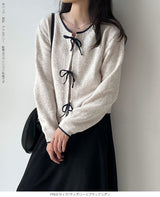 リボンタイ付き配色ニットカーディガン