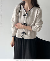 リボンタイ付き配色ニットカーディガン