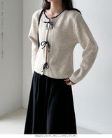 リボンタイ付き配色ニットカーディガン