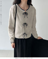 リボンタイ付き配色ニットカーディガン