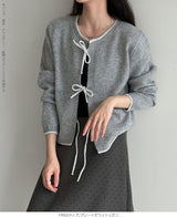 リボンタイ付き配色ニットカーディガン