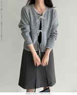 リボンタイ付き配色ニットカーディガン