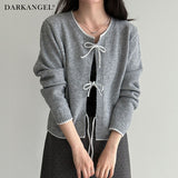 リボンタイ付き配色ニットカーディガン