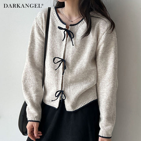 リボンタイ付き配色ニットカーディガン