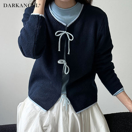 リボンタイ付き配色ニットカーディガン