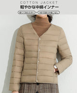 レディース クルーネック中綿インナージャケット 冬新作 スリムフィット インナーダウン Vネック 無地 薄手で暖かい ショート丈 小さめコットンジャケット 【防寒对策軽量ジャケット】