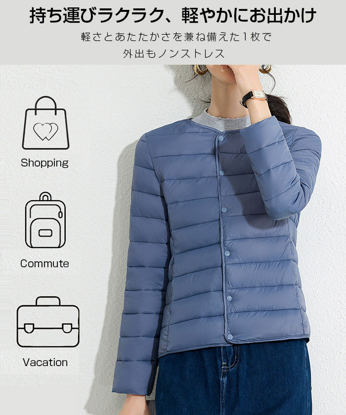 レディース クルーネック中綿インナージャケット 冬新作 スリムフィット インナーダウン Vネック 無地 薄手で暖かい ショート丈 小さめコットンジャケット 【防寒对策軽量ジャケット】