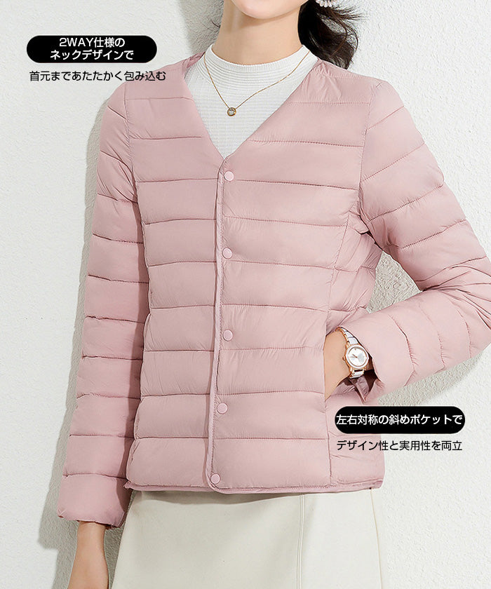 レディース クルーネック中綿インナージャケット 冬新作 スリムフィット インナーダウン Vネック 無地 薄手で暖かい ショート丈 小さめコットンジャケット 【防寒对策軽量ジャケット】