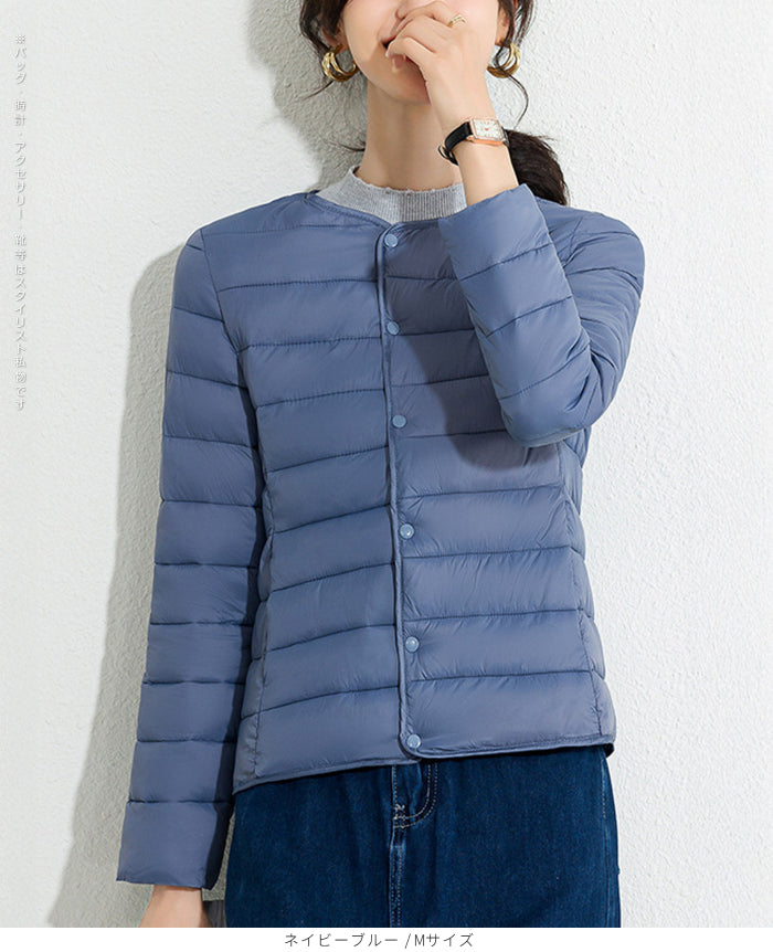 レディース クルーネック中綿インナージャケット 冬新作 スリムフィット インナーダウン Vネック 無地 薄手で暖かい ショート丈 小さめコットンジャケット 【防寒对策軽量ジャケット】