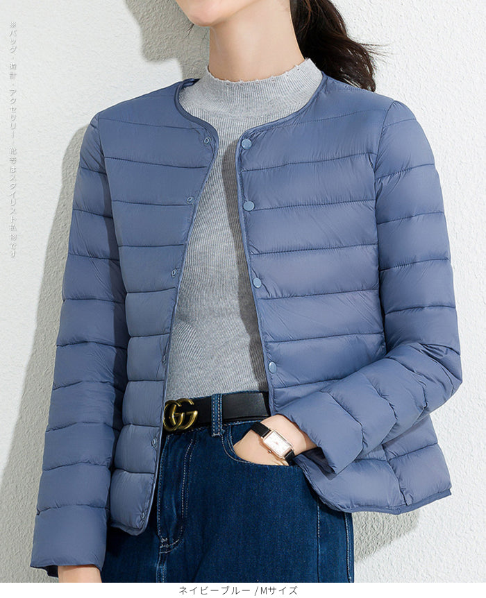 レディース クルーネック中綿インナージャケット 冬新作 スリムフィット インナーダウン Vネック 無地 薄手で暖かい ショート丈 小さめコットンジャケット 【防寒对策軽量ジャケット】