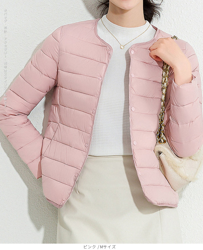 レディース クルーネック中綿インナージャケット 冬新作 スリムフィット インナーダウン Vネック 無地 薄手で暖かい ショート丈 小さめコットンジャケット 【防寒对策軽量ジャケット】