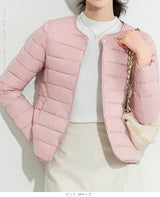 レディース クルーネック中綿インナージャケット 冬新作 スリムフィット インナーダウン Vネック 無地 薄手で暖かい ショート丈 小さめコットンジャケット 【防寒对策軽量ジャケット】