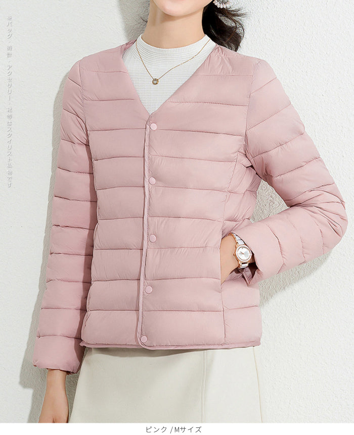 レディース クルーネック中綿インナージャケット 冬新作 スリムフィット インナーダウン Vネック 無地 薄手で暖かい ショート丈 小さめコットンジャケット 【防寒对策軽量ジャケット】