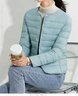 レディース クルーネック中綿インナージャケット 冬新作 スリムフィット インナーダウン Vネック 無地 薄手で暖かい ショート丈 小さめコットンジャケット 【防寒对策軽量ジャケット】