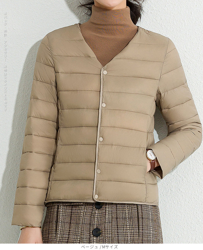 レディース クルーネック中綿インナージャケット 冬新作 スリムフィット インナーダウン Vネック 無地 薄手で暖かい ショート丈 小さめコットンジャケット 【防寒对策軽量ジャケット】