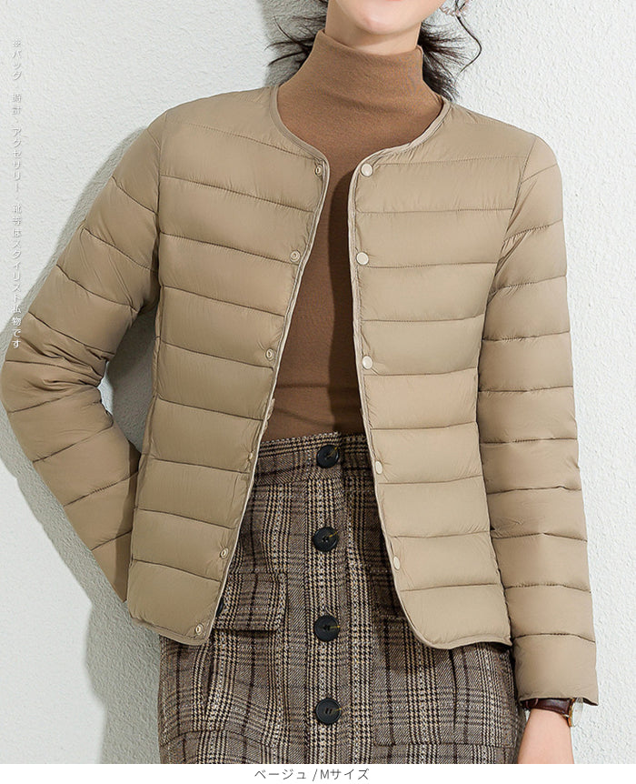 レディース クルーネック中綿インナージャケット 冬新作 スリムフィット インナーダウン Vネック 無地 薄手で暖かい ショート丈 小さめコットンジャケット 【防寒对策軽量ジャケット】