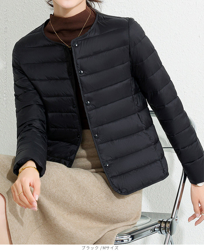 レディース クルーネック中綿インナージャケット 冬新作 スリムフィット インナーダウン Vネック 無地 薄手で暖かい ショート丈 小さめコットンジャケット 【防寒对策軽量ジャケット】