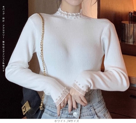 パール付きフリルハイネックリブニットトップス