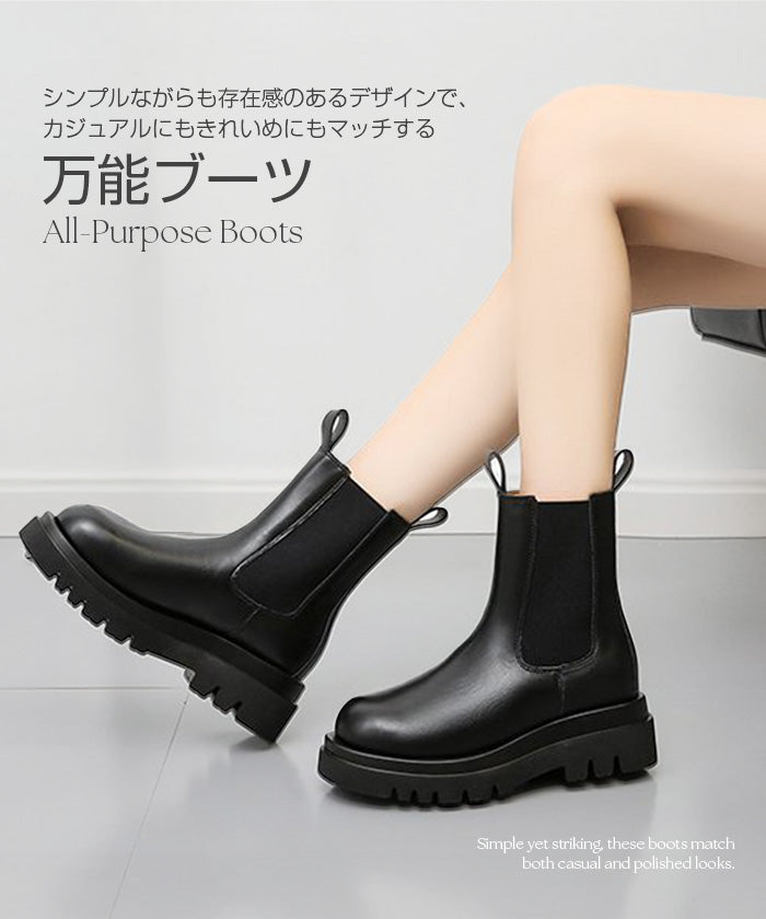 PUレザーサイドゴア厚底ブーツ（ショート／ミドル丈）
