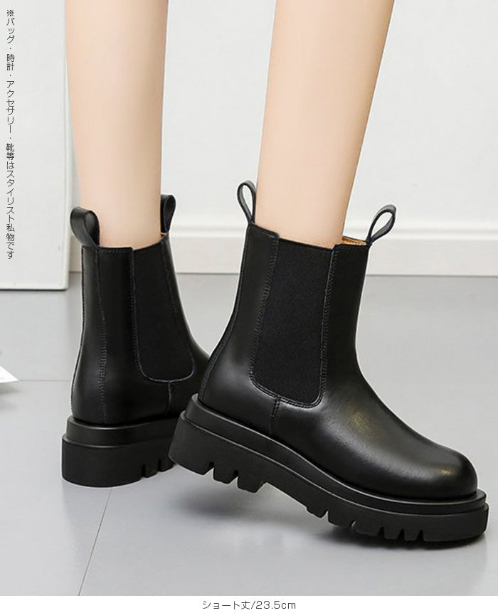 PUレザーサイドゴア厚底ブーツ（ショート／ミドル丈）