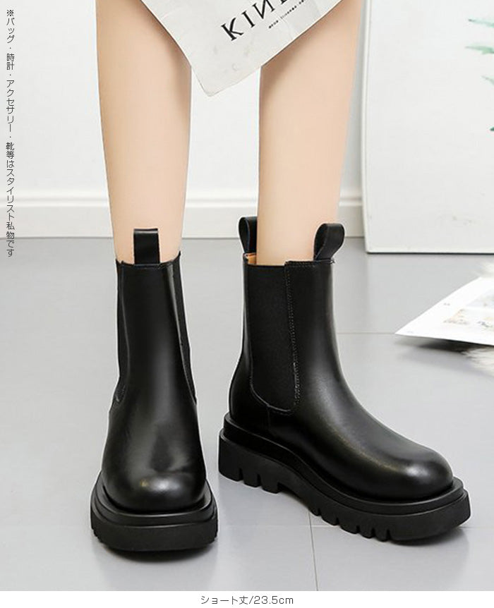 PUレザーサイドゴア厚底ブーツ（ショート／ミドル丈）