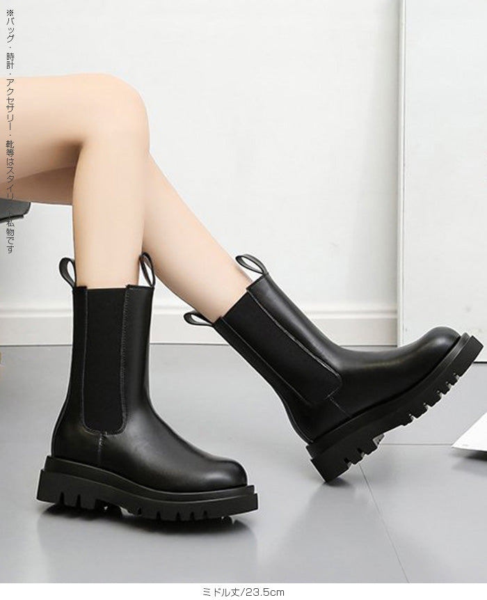 PUレザーサイドゴア厚底ブーツ（ショート／ミドル丈）